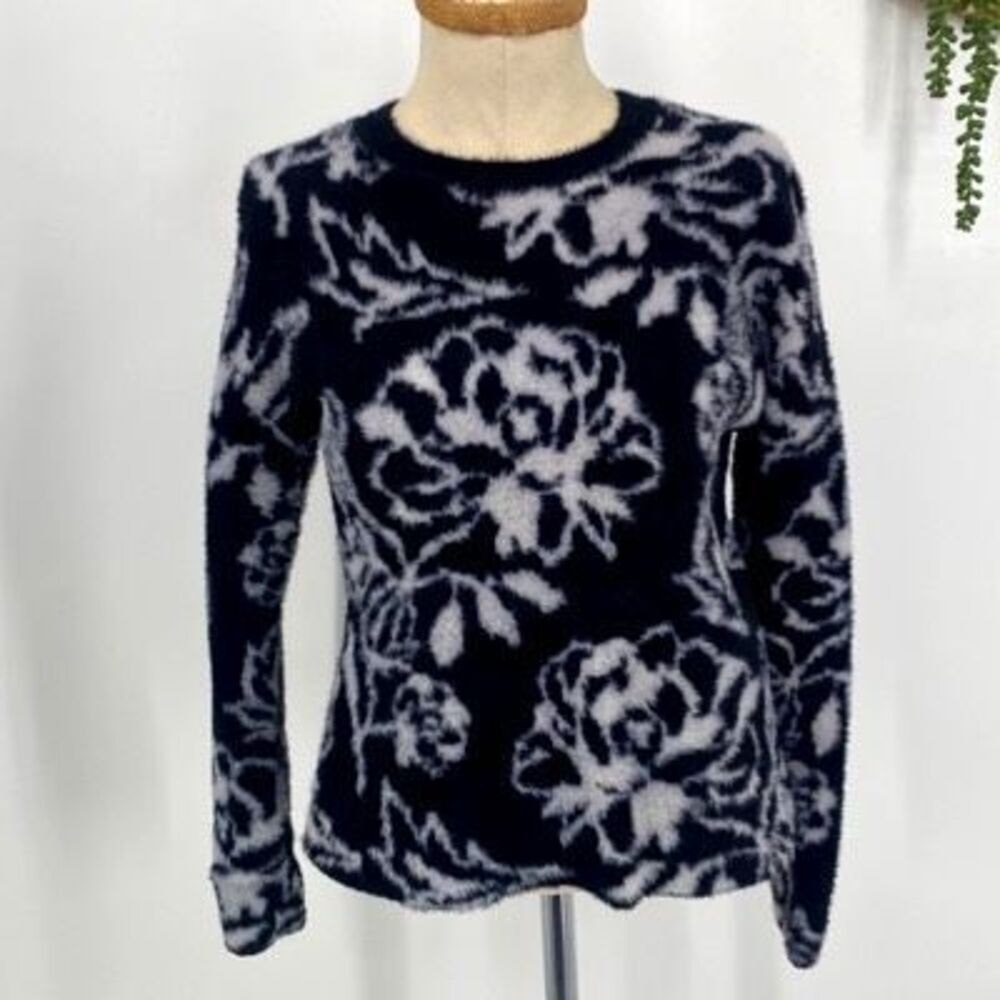 Rachel Zoe Floral Print Fuzzy Soft Pullover Sweater Heavyweight Black White XS‎
